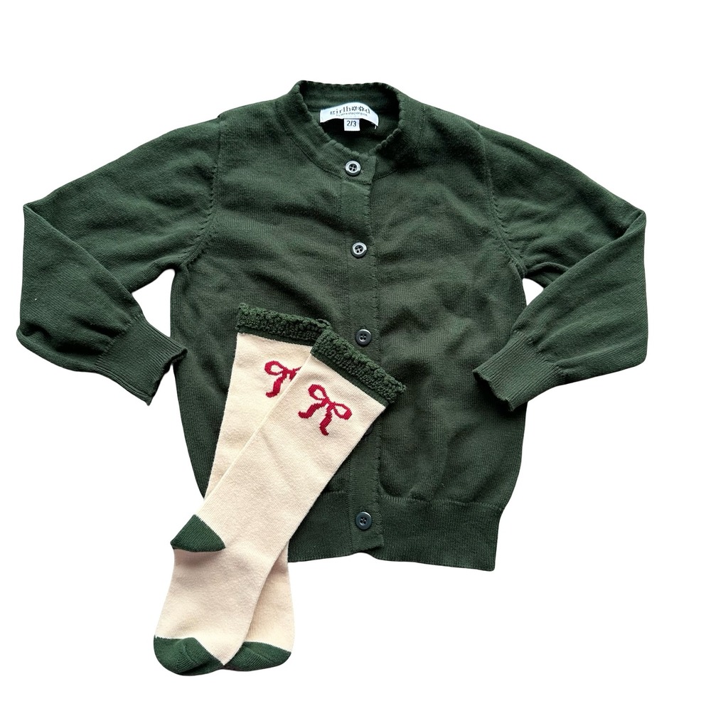 Little Stocking Co. Cardigan Sweater Socks Set Size 2/3 Green Bows Front Button